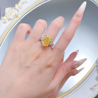 Ice Flower Cut S925 Silver Ring | 10*15mm Oval Yellow Gemstone