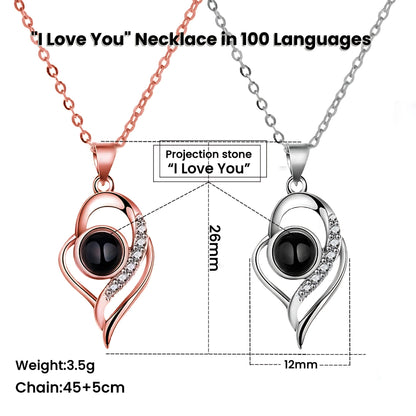 Sterling Silver 925 Heart Projection Necklace for Women, 100 Languages "I Love You" Pendant Collar Chain