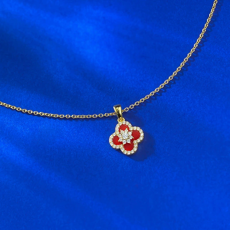 Ricady Jewel S925 Silver Clover Red Agate Necklace - Adjustable, Office Style