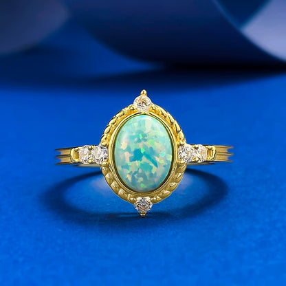 S925 Sterling Silver Gold-Plated Opal Ring | Dreamy Blue, Royal Court Style