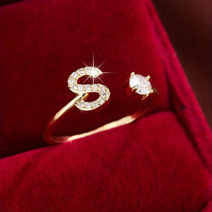 26 Letter Micro-Pave Zircon Ring for Women - 14K Gold Plated Copper Open Plain Band