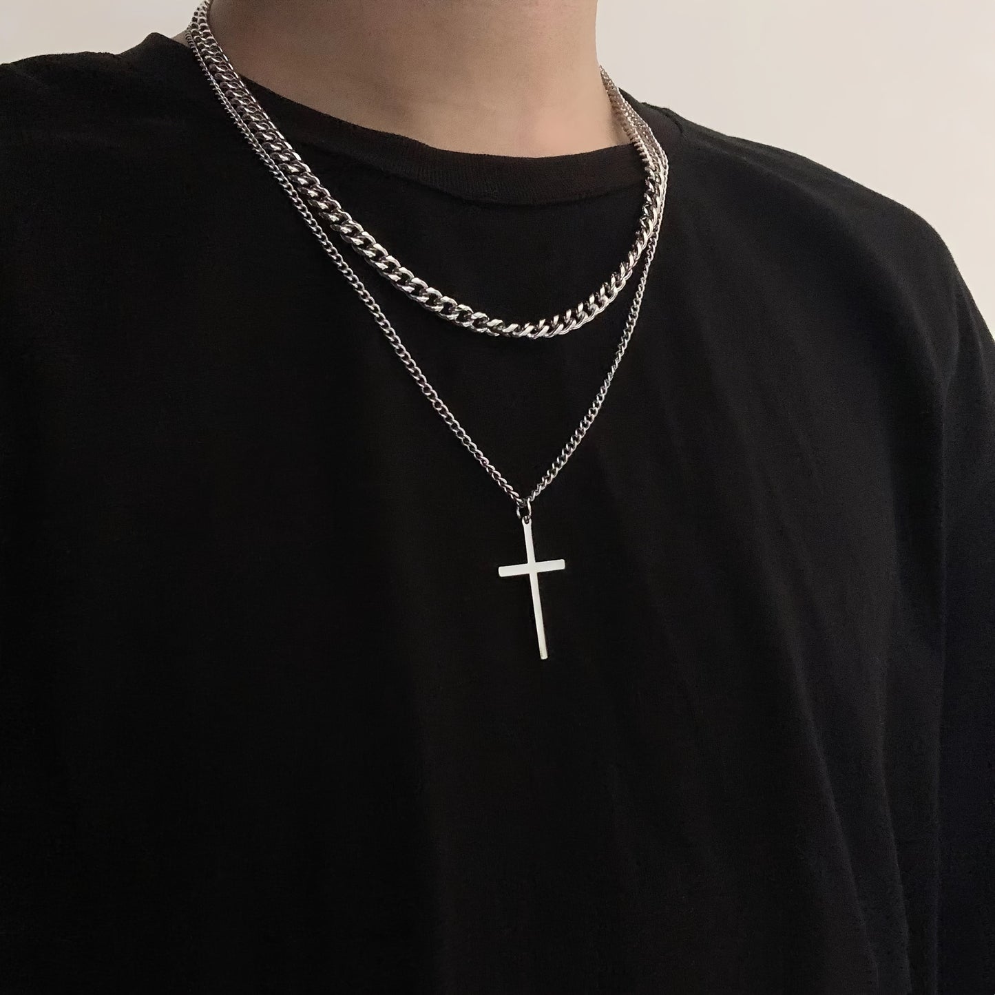 Layered Cross Pendant Necklace in Titanium Steel - European Style