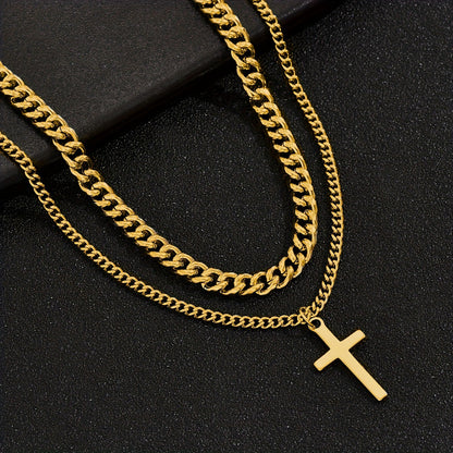 Layered Cross Pendant Necklace in Titanium Steel - European Style