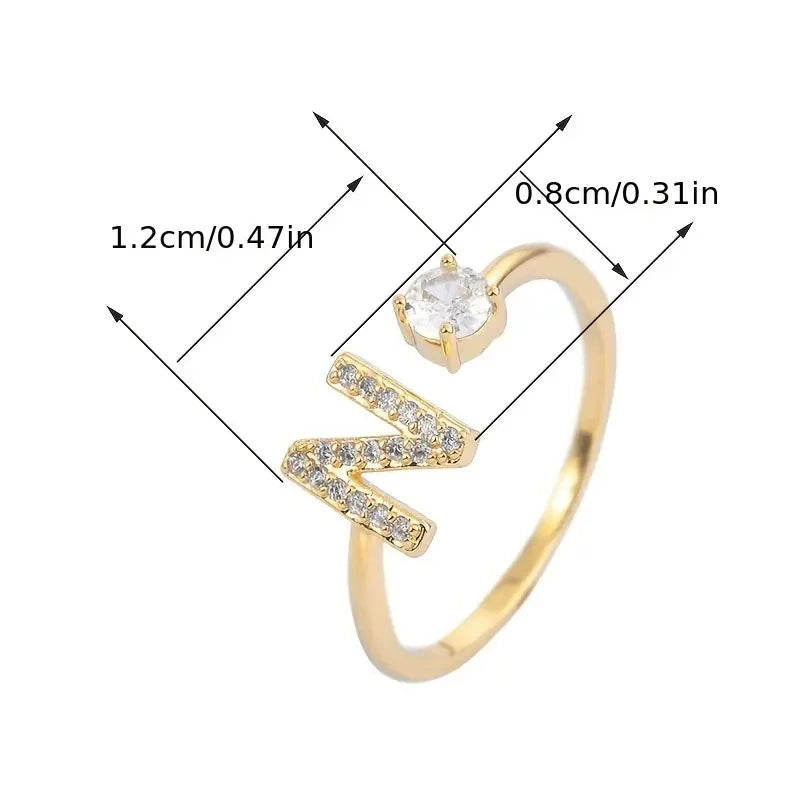 26 Letter Micro-Pave Zircon Ring for Women - 14K Gold Plated Copper Open Plain Band
