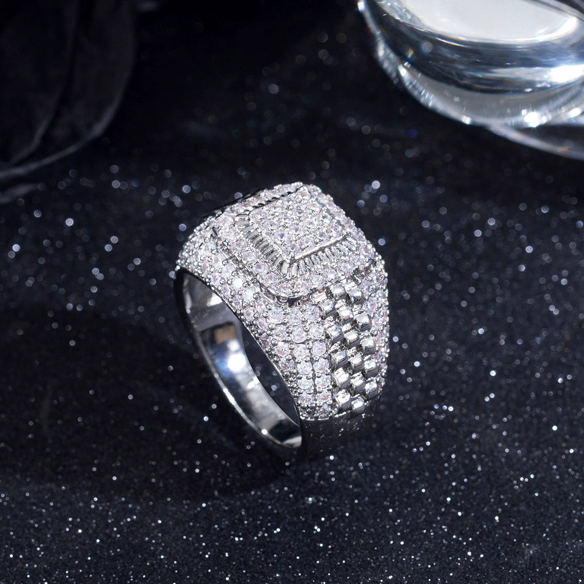 Ricady Jewel – Men's Hip-Hop Style Full Pave Cubic Zirconia Ring, Geometric Design in Silver-Tone