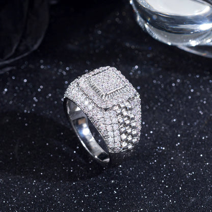 Ricady Jewel – Men's Hip-Hop Style Full Pave Cubic Zirconia Ring, Geometric Design in Silver-Tone