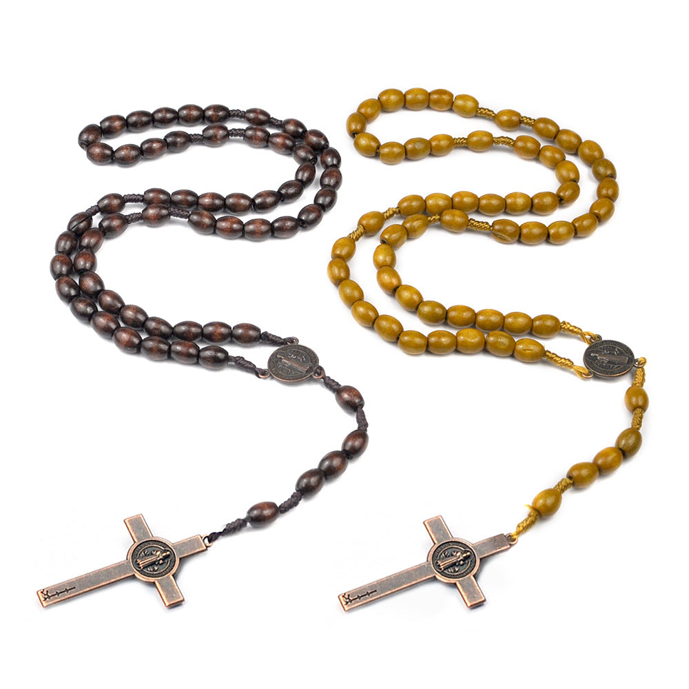 Handwoven Wood Cross Bead Necklace - Natural Artisan Design