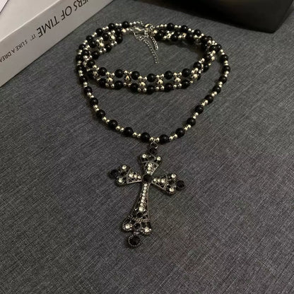 Layered Beaded Cross Choker Necklace - Sweet & Cool Style