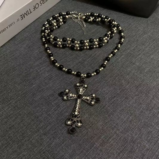 Layered Beaded Cross Choker Necklace - Sweet & Cool Style