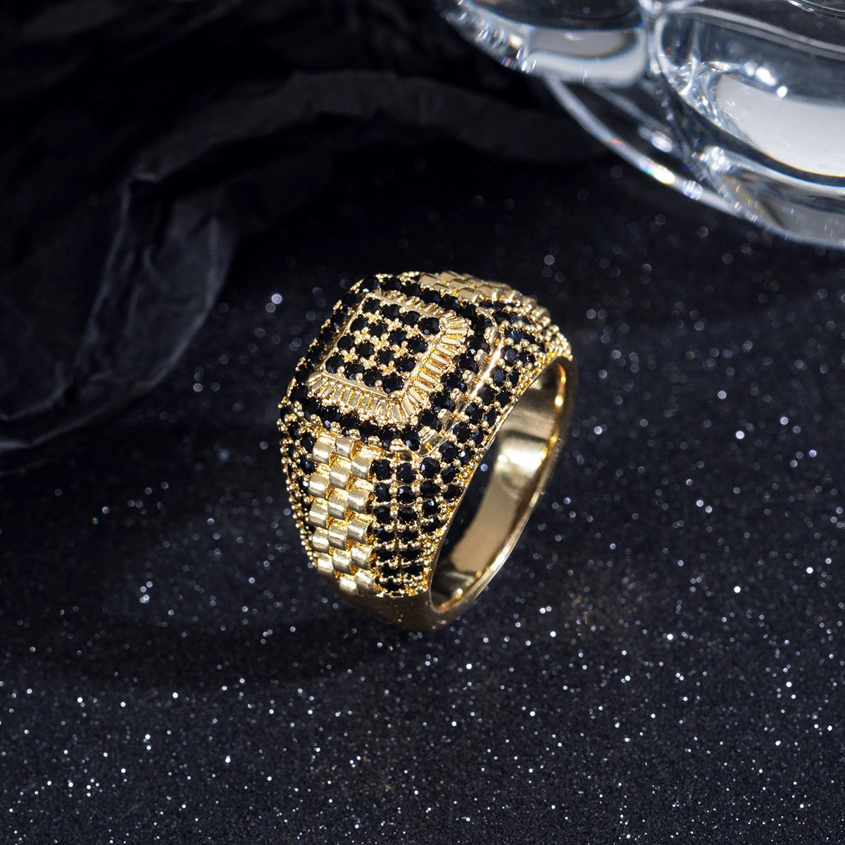 Ricady Jewel – Men's Hip-Hop Style Full Pave Cubic Zirconia Ring, Geometric Design in Silver-Tone