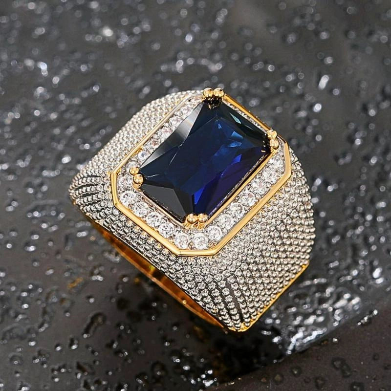 Ricady Jewel Hip Hop Square Zircon Ring - Men’s Luxury Sapphire Style
