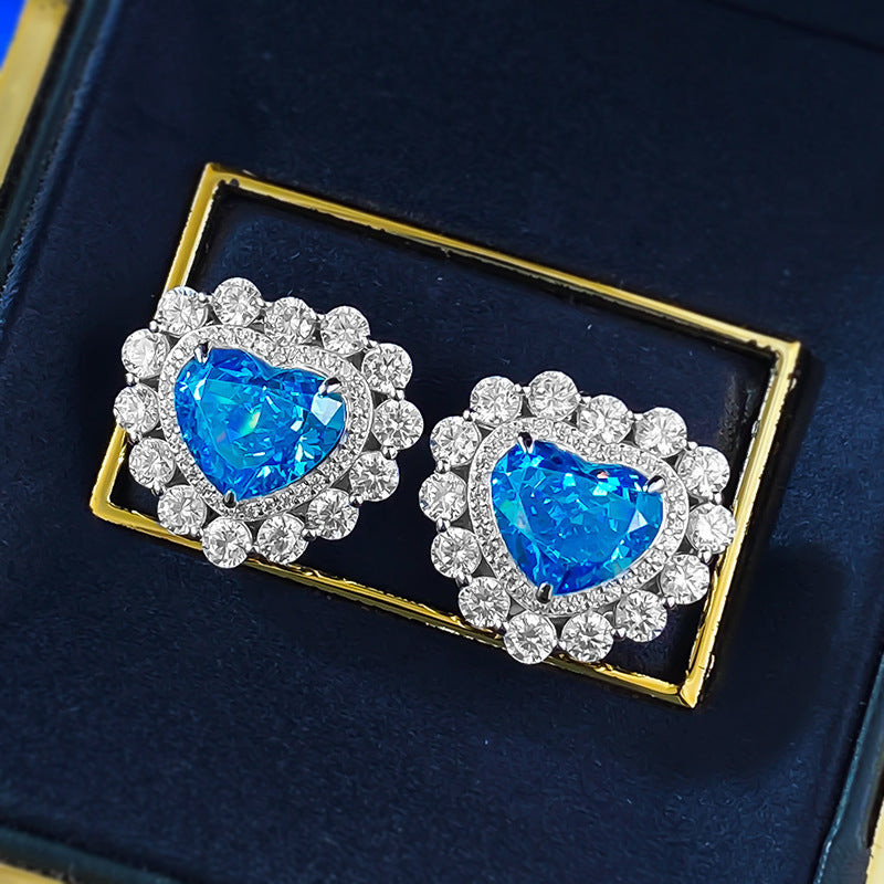 S925 Silver Heart Earrings, Micro-Inlaid Aquamarine & High Carbon Diamond