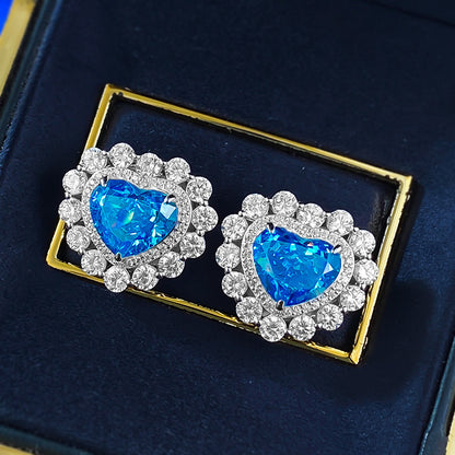 S925 Silver Heart Earrings, Micro-Inlaid Aquamarine & High Carbon Diamond