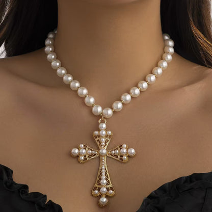 Faux Pearl Cross Pendant Necklace - European Style