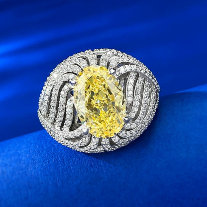 925 Silver 8x12mm Vibrant Yellow CZ Ring - Egg Shape, Ice Flower Cut, Niche Style