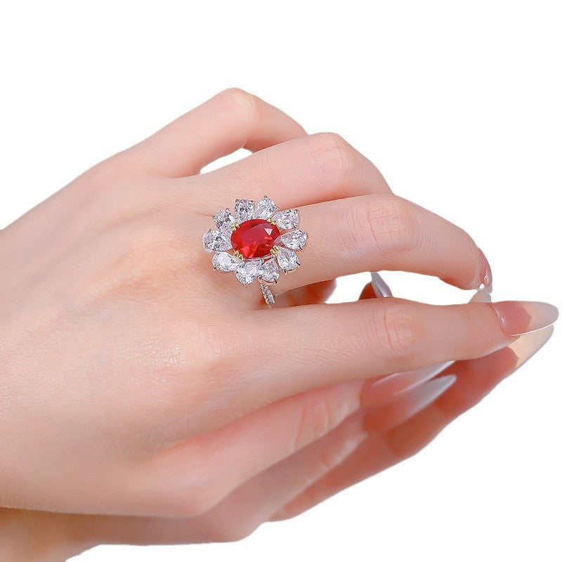 Vintage S925 Silver Ring | 8*10mm Egg-Shaped Ruby, Luxury Halo Setting
