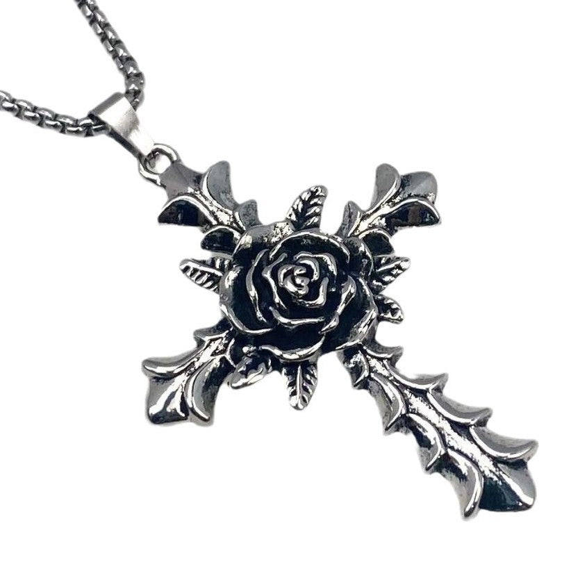 Punk Cross Flower Pendant Necklace in Titanium Steel - Long Chain
