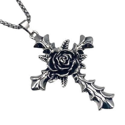 Punk Cross Flower Pendant Necklace in Titanium Steel - Long Chain