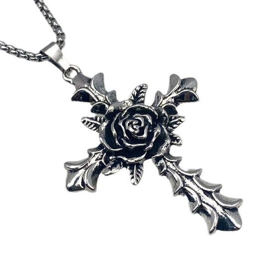 Punk Cross Flower Pendant Necklace in Titanium Steel - Long Chain