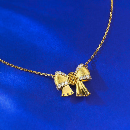 Ricady Jewel S925 Silver Gold-Plated Bow Necklace, Brushed Diamond Inlay Dainty Collar Chain