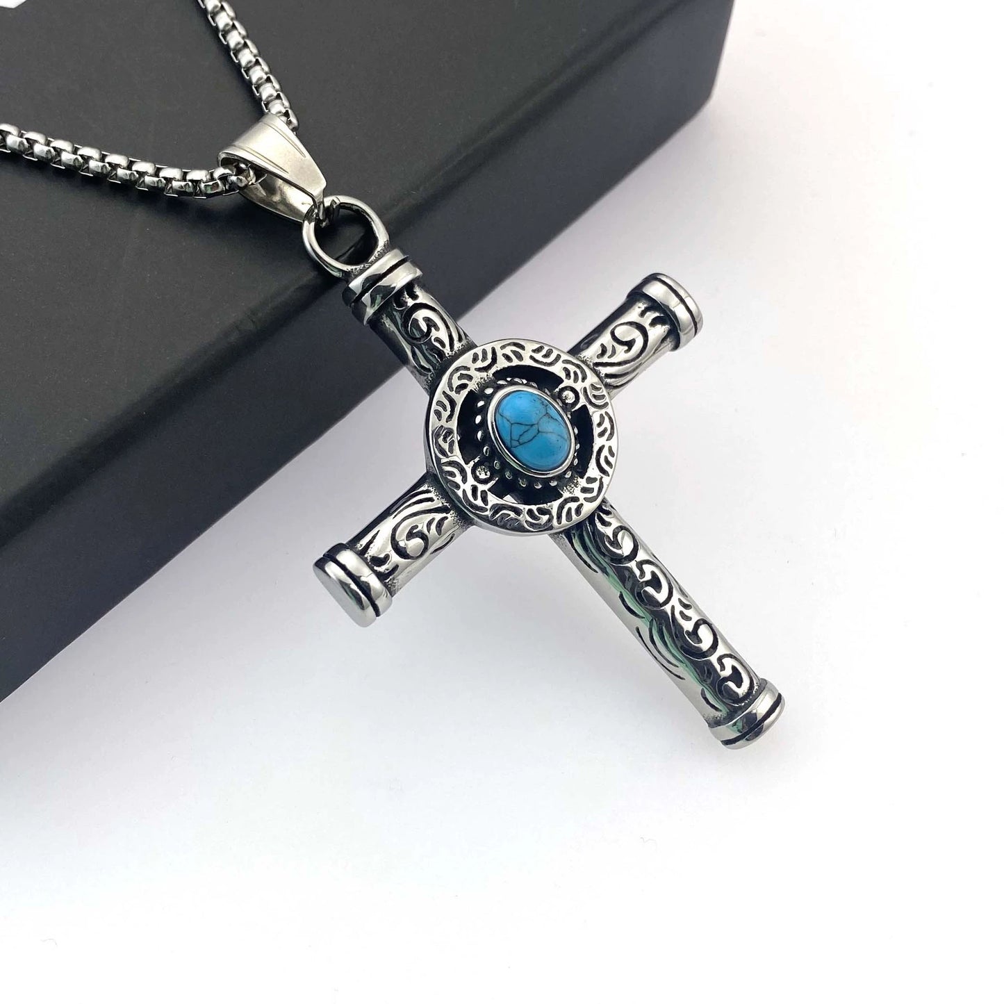 925 Sterling Silver Gemstone Cross Pendant Necklace - Streetwear Style
