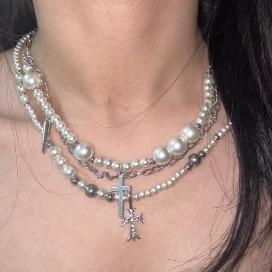 Layered Faux Pearl Cross Pendant Necklace - Sweet & Cool Style