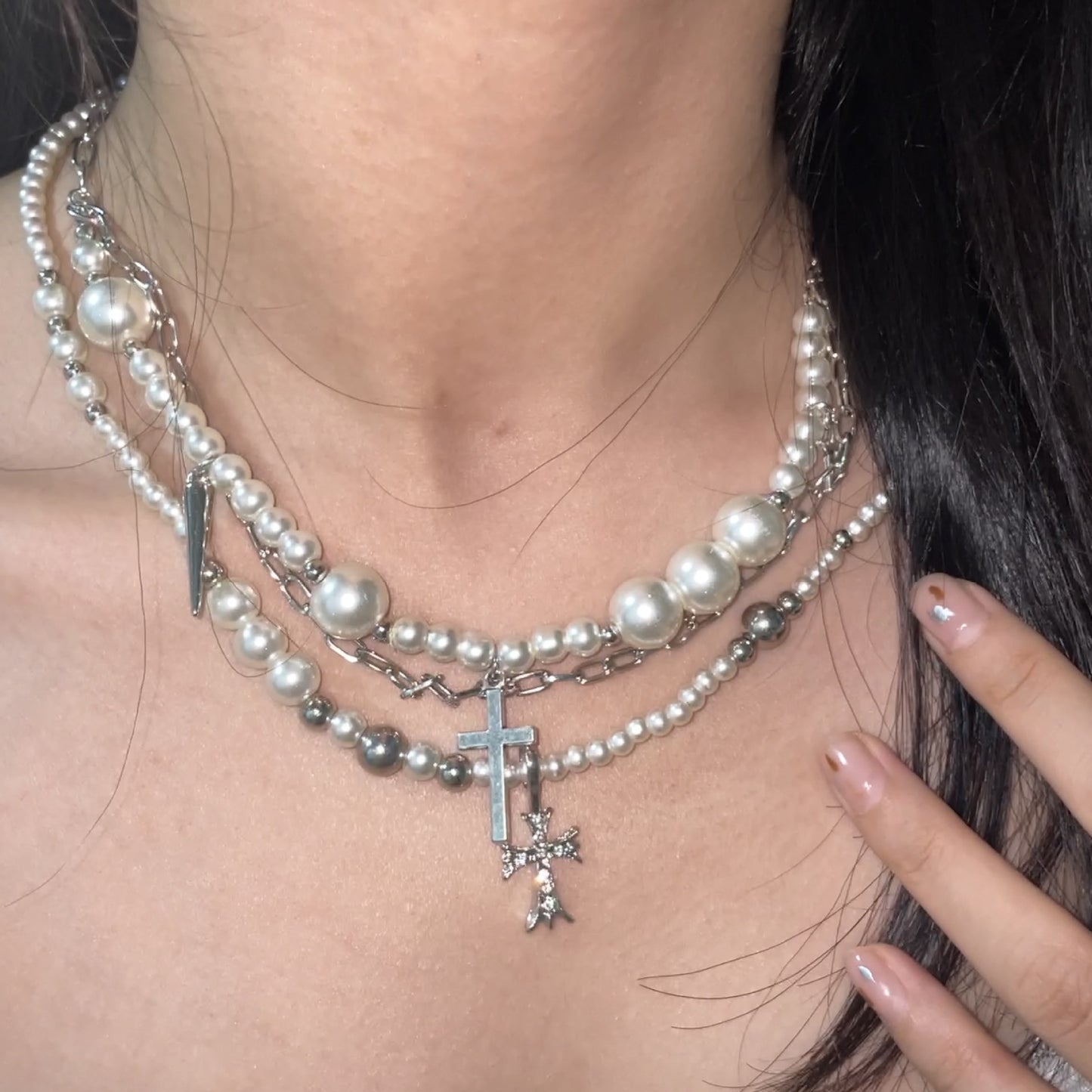 Layered Faux Pearl Cross Pendant Necklace - Sweet & Cool Style