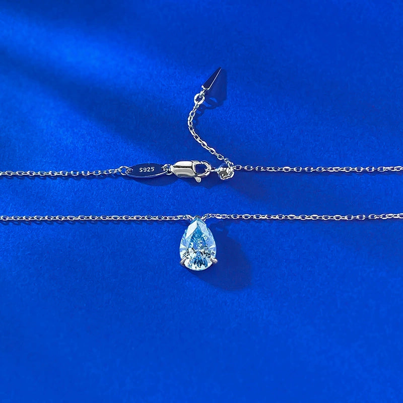 S925 Silver Ocean Blue Pear Pendant Necklace by Ricady - 7x10mm, Adjustable Bead Chain