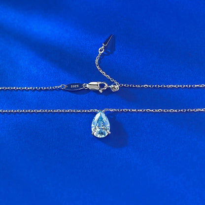 S925 Silver Ocean Blue Pear Pendant Necklace by Ricady - 7x10mm, Adjustable Bead Chain