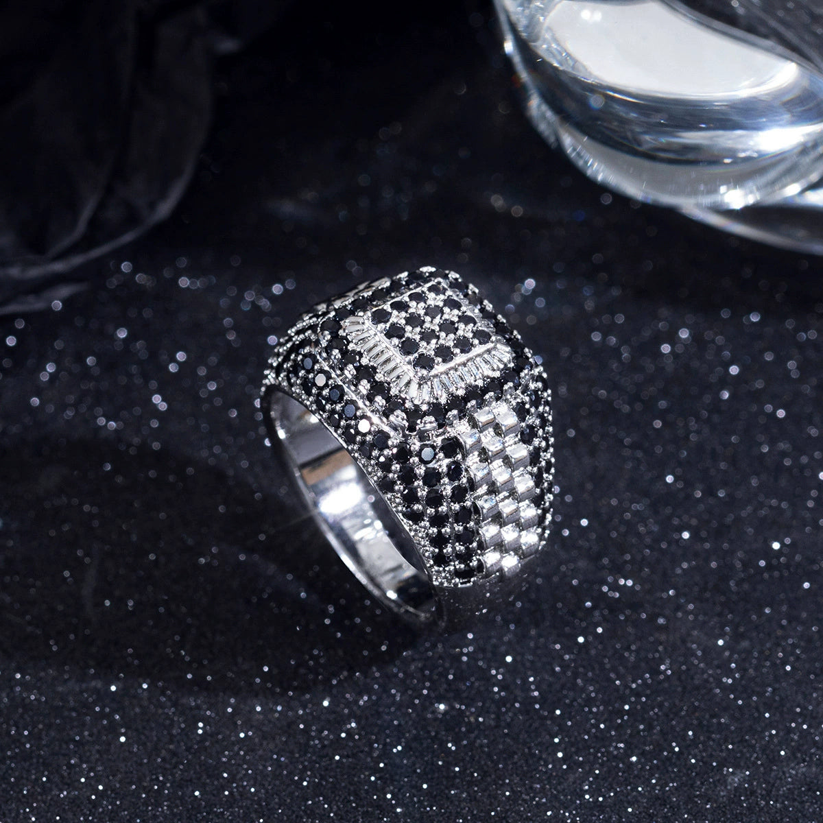 Ricady Jewel – Men's Hip-Hop Style Full Pave Cubic Zirconia Ring, Geometric Design in Silver-Tone