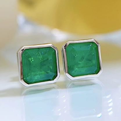 3CT Simulated Emerald Stud Earrings for Women, Silver Edge Setting