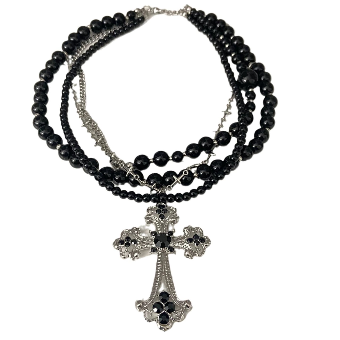 Black Pearl Beaded Cross Pendant Necklace - Fashion OL Style