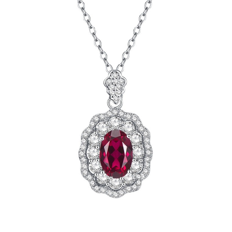 S925 Silver Simulated Ruby Necklace | 7x9mm Oval | Ins Style
