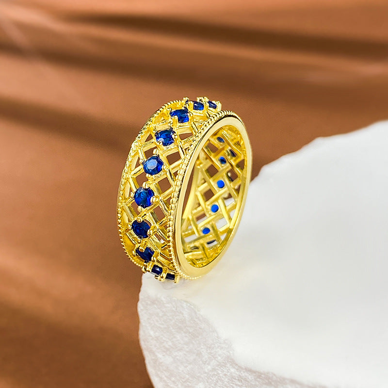 Blue Spinel Eternity Ring | S925 Silver Gold-Plated Wide Band Ins Style
