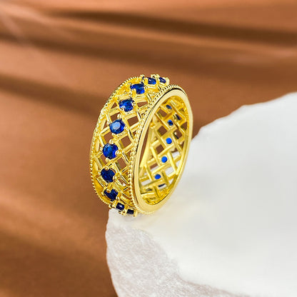 Blue Spinel Eternity Ring | S925 Silver Gold-Plated Wide Band Ins Style