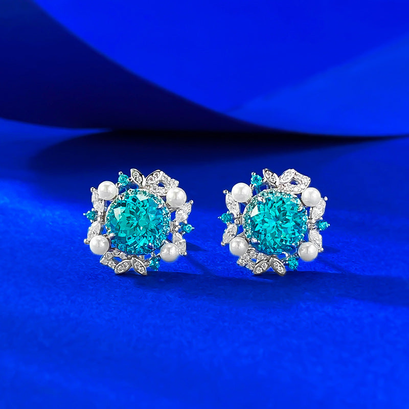 1ct Paraiba & Pearl Stud Earrings | Ricady Jewel S925 Silver, Lavender Tree, Elegant