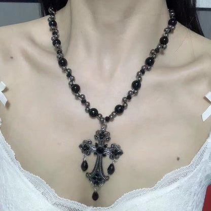 Layered Beaded Cross Choker Necklace - Sweet & Cool Style