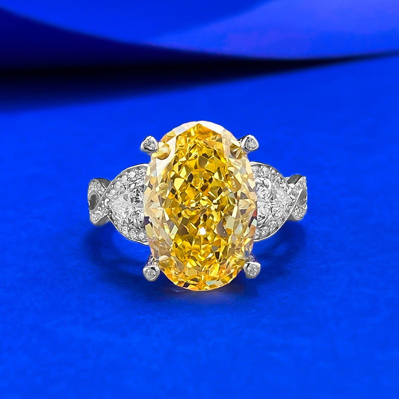 Ice Flower Cut S925 Silver Ring | 10*15mm Oval Yellow Gemstone