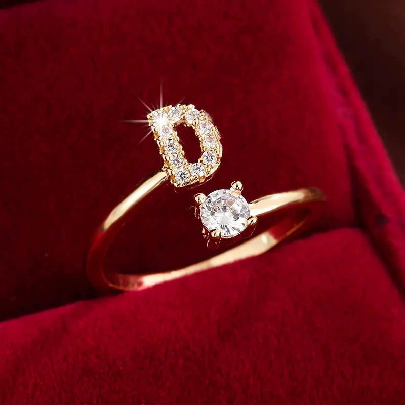 26 Letter Micro-Pave Zircon Ring for Women - 14K Gold Plated Copper Open Plain Band