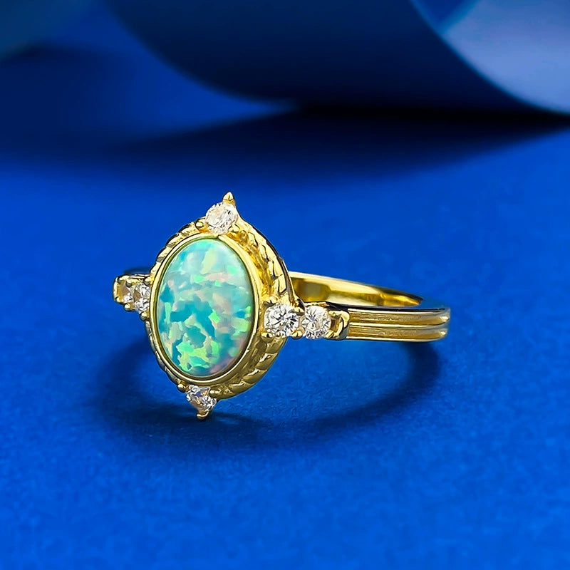 S925 Sterling Silver Gold-Plated Opal Ring | Dreamy Blue, Royal Court Style