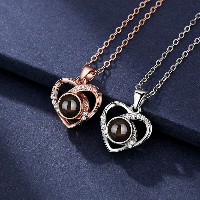 925 Silver Love Projection Necklace for Women - 100 Languages "I Love You" Heart Collar Necklace