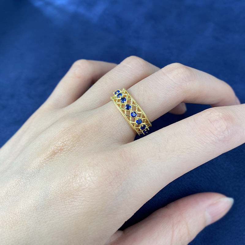 Blue Spinel Eternity Ring | S925 Silver Gold-Plated Wide Band Ins Style