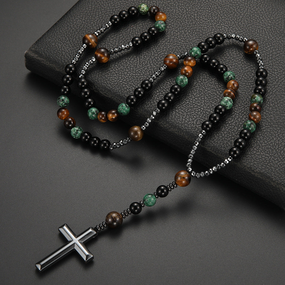Natural Stone Bead Cross Pendant Necklace - Vintage Artisan Design