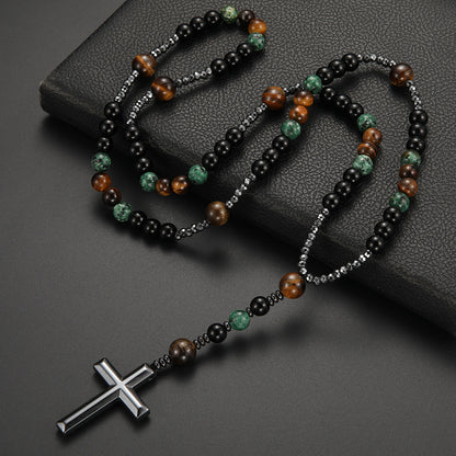 Natural Stone Bead Cross Pendant Necklace - Vintage Artisan Design