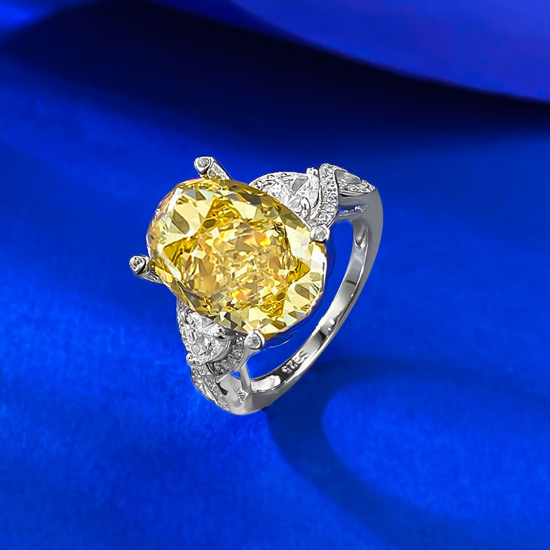 Ice Flower Cut S925 Silver Ring | 10*15mm Oval Yellow Gemstone
