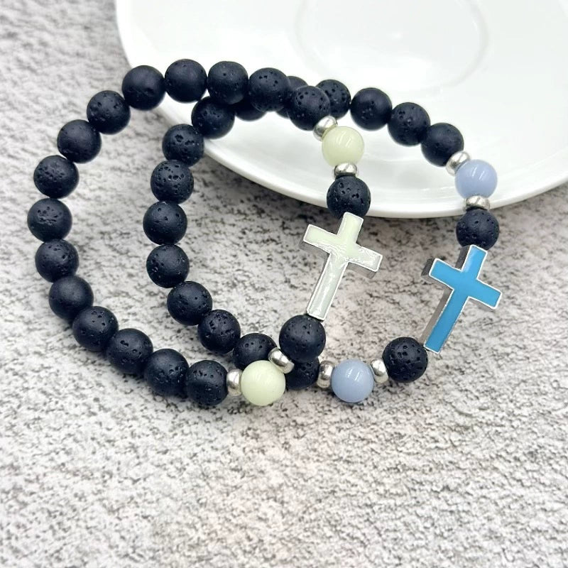 Luminous Gemstone Cross Bead Necklace - Men's Fashion Style