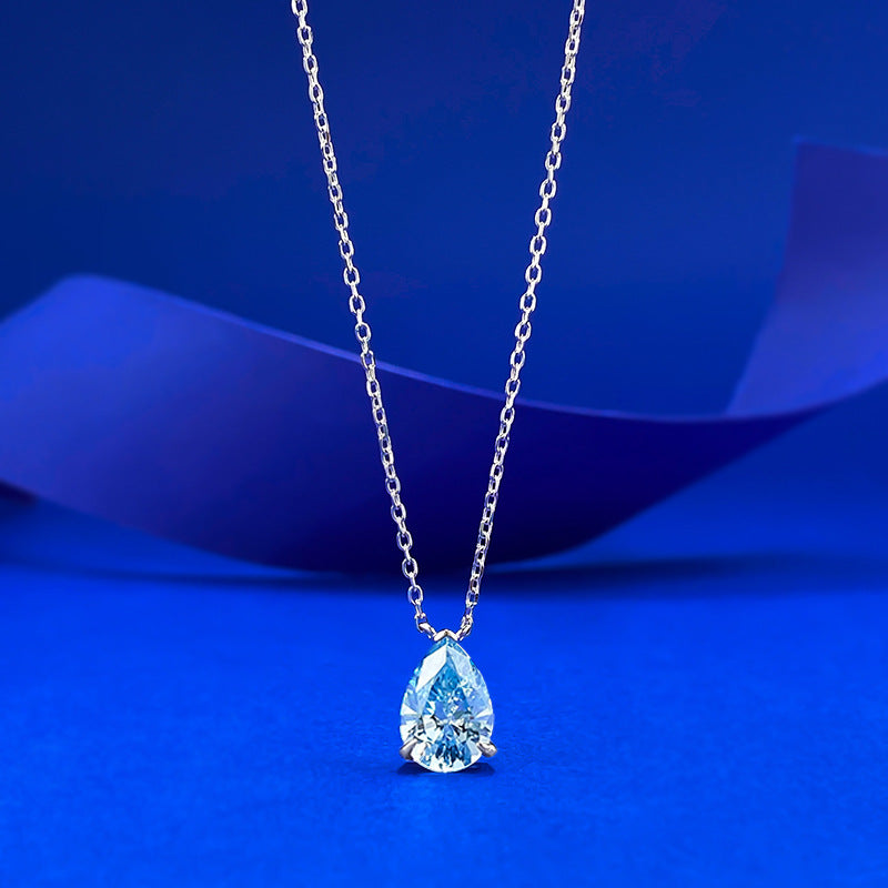 S925 Silver Ocean Blue Pear Pendant Necklace by Ricady - 7x10mm, Adjustable Bead Chain