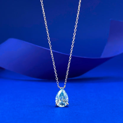 S925 Silver Ocean Blue Pear Pendant Necklace by Ricady - 7x10mm, Adjustable Bead Chain