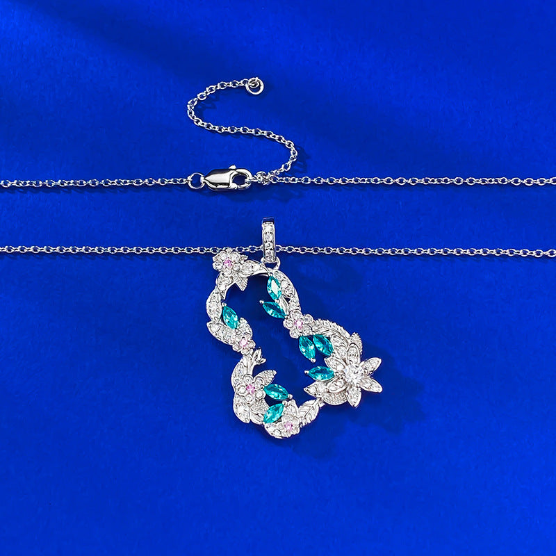 S925 Silver Vine Flower Gourd Necklace, Paraiba Style, Lucky Charm