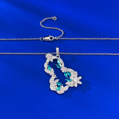 S925 Silver Vine Flower Gourd Necklace, Paraiba Style, Lucky Charm